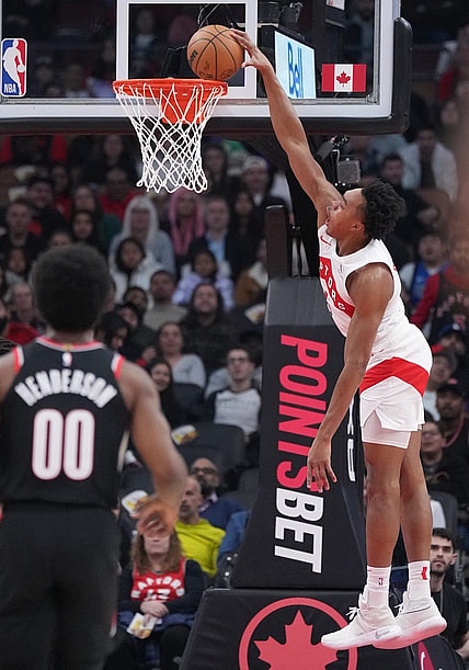 Oct 30, 2023; Toronto, Ontario, CAN; Toronto Raptors forward Scottie Barnes (4) scores a basket against the Portland Trail Blazers during the first quarter at Scotiabank Arena. Mandatory Credit: Nick Turchiaro-USA TODAY Sports