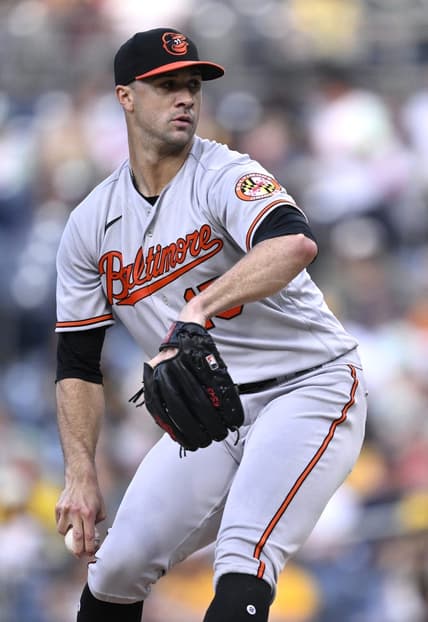 Aug 15, 2023; San Diego, California, USA; Baltimore Orioles starting pitcher Jack Flaherty (15) throws a pitch against the San Diego Padres during the first inning at Petco Park. Mandatory Credit: Orlando Ramirez-USA TODAY Sports