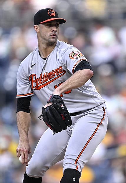 Aug 15, 2023; San Diego, California, USA; Baltimore Orioles starting pitcher Jack Flaherty (15) throws a pitch against the San Diego Padres during the first inning at Petco Park. Mandatory Credit: Orlando Ramirez-USA TODAY Sports