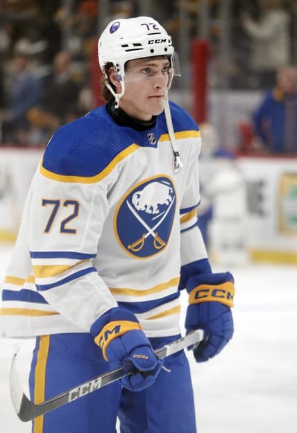 Jan 6, 2024; Pittsburgh, Pennsylvania, USA;  Buffalo Sabres right wing Tage Thompson (72) warms up before the game against the Pittsburgh Penguins at PPG Paints Arena. Mandatory Credit: Charles LeClaire-USA TODAY Sports