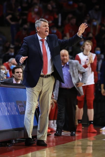 Nov 16, 2021; Piscataway, New Jersey, USA; NJIT Highlanders head coach Brian Kennedy coaches against the Rutgers Scarlet Knights during the first half at Jersey Mike's Arena. Mandatory Credit: Vincent Carchietta-USA TODAY Sports