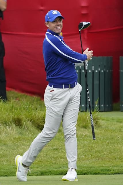 Sep 21, 2021; Kohler, Wisconsin, USA; Rory McIlroy hits his tee shot on the 10th hole during practice rounds for the 43rd Ryder Cup golf competition at Whistling Straits. Mandatory Credit: Michael Madrid-USA TODAY Sports