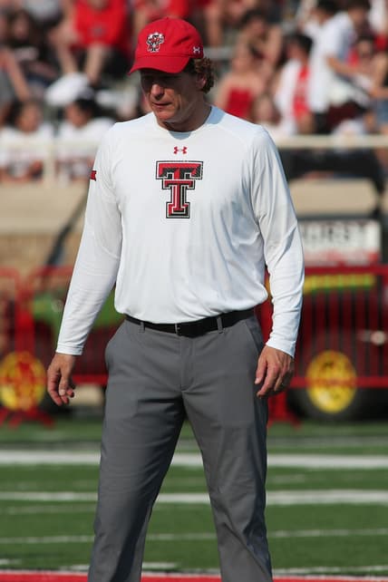 Sep 11, 2021; Lubbock, Texas, USA;  Texas Tech Red Raiders offensive coordinator Sonny Cumbie before the game against the Stephen F. Austin Lumberjacks at Jones AT&T Stadium. Mandatory Credit: Michael C. Johnson-USA TODAY Sports