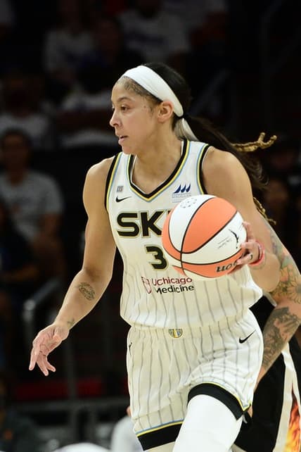 Oct 10, 2021; Phoenix, Arizona, USA; Chicago Sky forward/center Candace Parker (3) dribbles against the Phoenix Mercury during the second half of game one of the 2021 WNBA Finals at Footprint Center. Mandatory Credit: Joe Camporeale-USA TODAY Sports