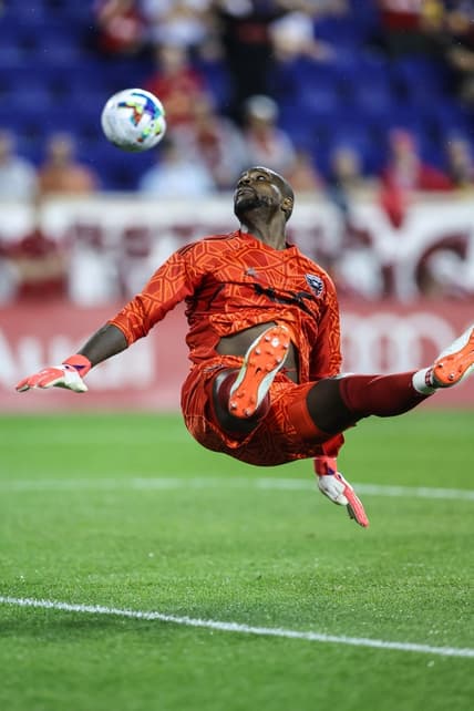 May 28, 2022; Harrison, New Jersey, USA; D.C. United goalkeeper Bill Hamid (28) looks back at a shot on goal during the second half against the New York Red Bulls at Red Bull Arena. Mandatory Credit: Vincent Carchietta-USA TODAY Sports