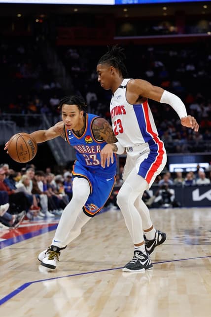 Oct 11, 2022; Detroit, Michigan, USA;  Oklahoma City Thunder guard Tre Mann (23) dribbles defended by Detroit Pistons guard Jaden Ivey (23) in the first half at Little Caesars Arena. Mandatory Credit: Rick Osentoski-USA TODAY Sports