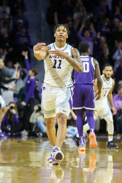 Feb 7, 2023; Manhattan, Kansas, USA; Kansas State Wildcats guard Keyontae Johnson (11) celebrates making a three-point basket during the second half against the TCU Horned Frogs at Bramlage Coliseum. Mandatory Credit: Scott Sewell-USA TODAY Sports