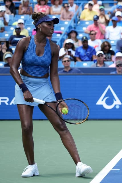 Venus Williams prepares the serve the ball against Karolina Pliskova on Center Court during the 2022 Western and Southern Open on Tuesday August 16. Pliskova won the match against Williams.