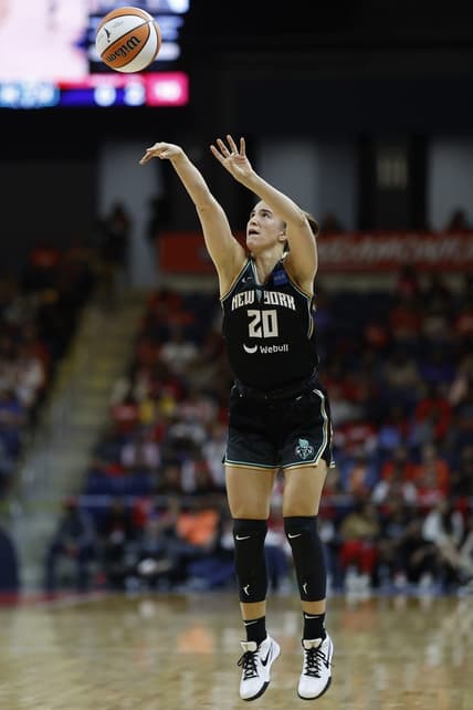 May 19, 2023; Washington, District of Columbia, USA; New York Liberty guard Sabrina Ionescu (20) shoots the ball against the Washington Mystics at Entertainment & Sports Arena. Mandatory Credit: Geoff Burke-USA TODAY Sports