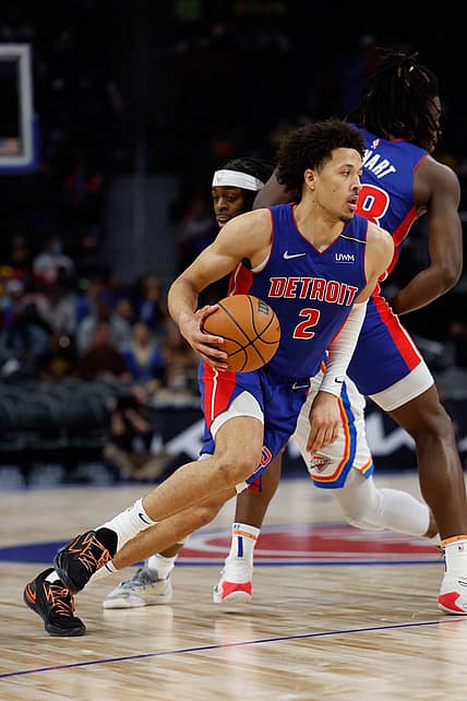 Dec 6, 2021; Detroit, Michigan, USA;  Detroit Pistons guard Cade Cunningham (2) dribbles against the Oklahoma City Thunder at Little Caesars Arena. Mandatory Credit: Rick Osentoski-USA TODAY Sports