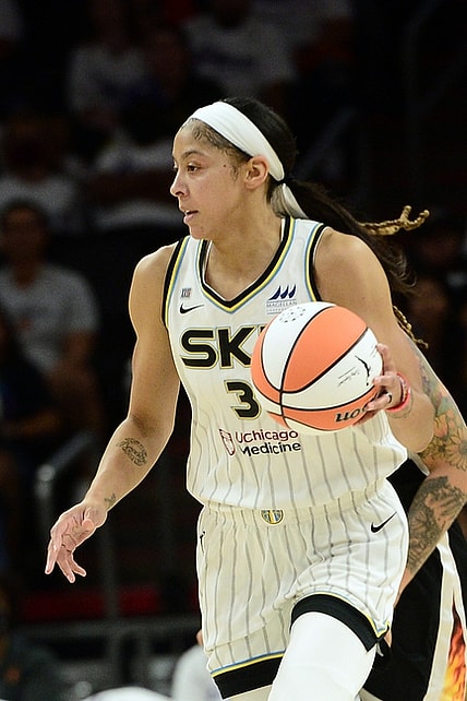 Oct 10, 2021; Phoenix, Arizona, USA; Chicago Sky forward/center Candace Parker (3) dribbles against the Phoenix Mercury during the second half of game one of the 2021 WNBA Finals at Footprint Center. Mandatory Credit: Joe Camporeale-USA TODAY Sports