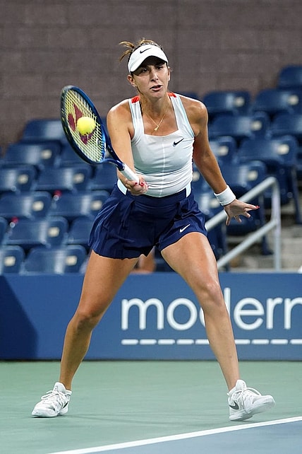 Sep 3, 2022; Flushing, NY, USA; Belinda Bencic of Switzerland hits to Karolina Pliskova of Czech Republic on day six of the 2022 U.S. Open tennis tournament at USTA Billie Jean King Tennis Center. Mandatory Credit: Danielle Parhizkaran-USA TODAY Sports