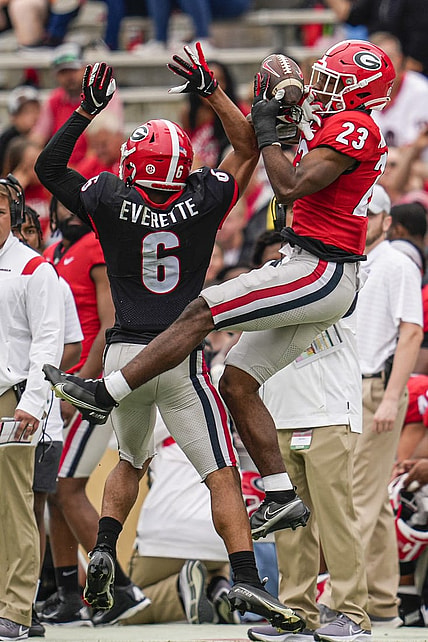Apr 16, 2022; Athens, Georgia, USA; Georgia Bulldogs wide receiver De   Nylon Morrissette (23) tries to make a catch against defensive back Daylen Everette (6) during the Georgia Bulldogs Spring Game at Sanford Stadium. Mandatory Credit: Dale Zanine-USA TODAY Sports