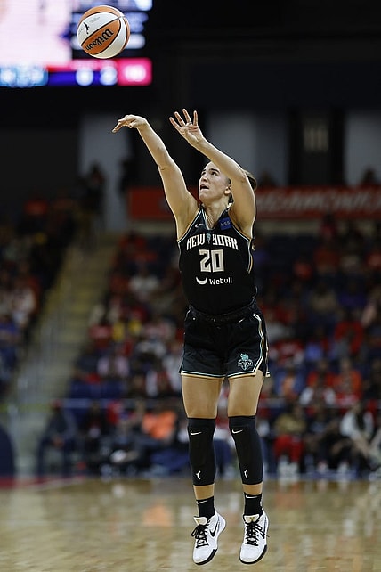 May 19, 2023; Washington, District of Columbia, USA; New York Liberty guard Sabrina Ionescu (20) shoots the ball against the Washington Mystics at Entertainment & Sports Arena. Mandatory Credit: Geoff Burke-USA TODAY Sports