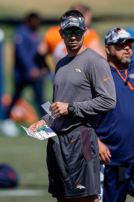 Aug 5, 2022; Englewood, CO, USA; Denver Broncos passing game coordinator/quarterbacks coach Klint Kubiak during training camp at the UCHealth Training Center. Mandatory Credit: Isaiah J. Downing-USA TODAY Sports