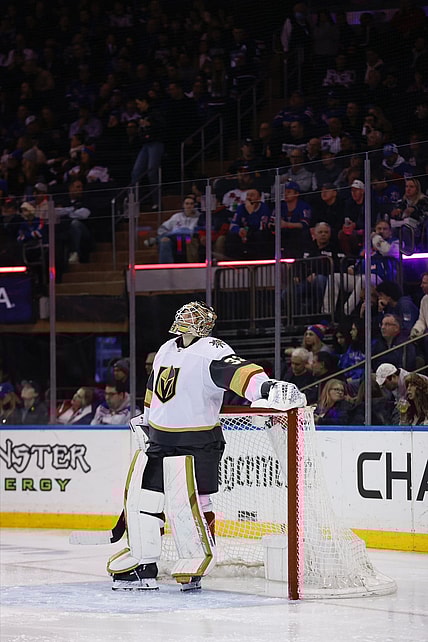 Adin Hill during VGK's 5-2 win over the New York Rangers 1/26/24 (Photo/Screenshot- Vegas Golden Knights via Twitter)