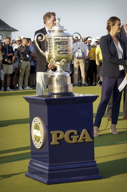 May 23, 2021; Kiawah Island, South Carolina, USA; A view of the Wanamaker Trophy during the final round of the PGA Championship golf tournament. Mandatory Credit: David Yeazell-USA TODAY Sports