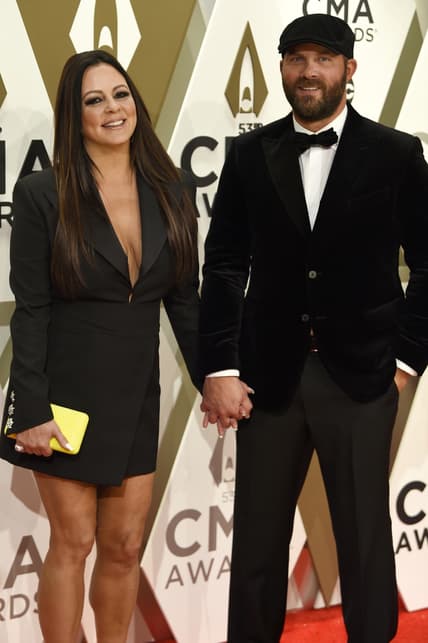Nov 13, 2019; Nashville, TN, USA; Sara Evans and Jay Barker on the red carpet prior to the 53rd Country Music Association Awards at Bridgestone Arena. Mandatory Credit: George Walker/The Tennessean via USA TODAY NETWORK