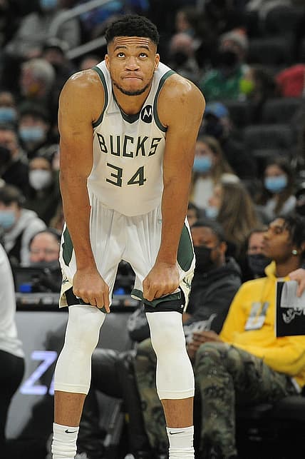 Jan 1, 2022; Milwaukee, Wisconsin, USA;  Milwaukee Bucks forward Giannis Antetokounmpo (34) looks on after receiving a technical foul in the first half against the New Orleans Pelicans at Fiserv Forum. Mandatory Credit: Michael McLoone-USA TODAY Sports