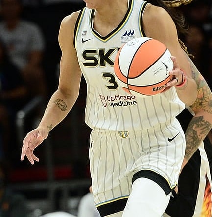 Oct 10, 2021; Phoenix, Arizona, USA; Chicago Sky forward/center Candace Parker (3) dribbles against the Phoenix Mercury during the second half of game one of the 2021 WNBA Finals at Footprint Center. Mandatory Credit: Joe Camporeale-USA TODAY Sports