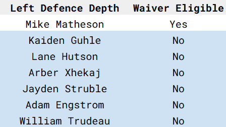 montreal canadiens defence left side depth