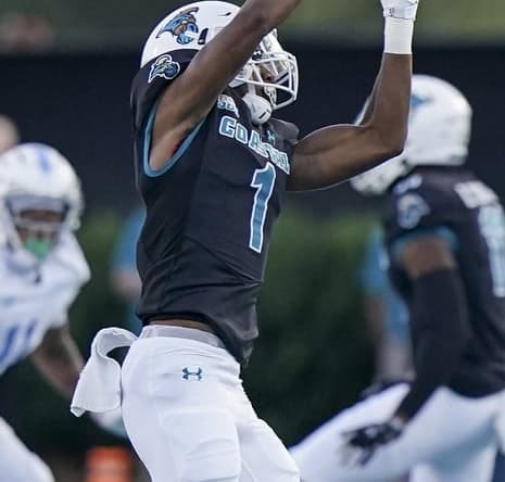 Sep 2, 2021; Conway, South Carolina, USA; Coastal Carolina Chanticleers running back Braydon Bennett (1) catches a pass against the Citadel Bulldogs during the first half at Brooks Stadium. Mandatory Credit: David Yeazell-USA TODAY Sports