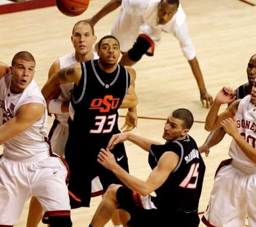 From left, OU's Blake Griffin, OU's Taylor Griffin, OSU's Marshall Moses (33) OSU's Nick Sidorakis, OSU's Marcus Dove and OU's Austin Johnson (20) go after a rebound in the first half during the men's Bedlam basketball game between Oklahoma State University and the University of Oklahoma at Lloyd Noble Center in Norman, Okla., Monday, January 28, 2008. BY MATT STRASEN, THE OKLAHOMAN ORG XMIT: KOD