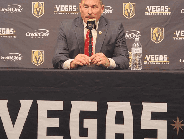 Vegas Golden Knights head coach Bruce Cassidy after 9/29/23 Preseason game. Credit VHN Chris Gawlik