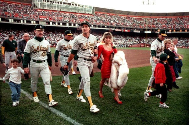 Jose Canseco and his A's teammates leave the field following the earthquake.