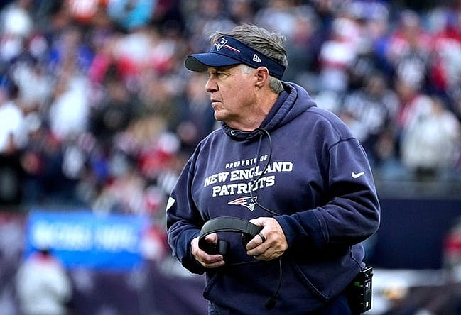 Patriots coach Bill Bellichick watches from the sidelines as New England executes their final two plays in their 29-25 win over Buffalo Sunday.