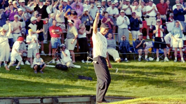 Tiger Woods reacts to the crowd on on the walkway from the green while waiting for playing partner Phil Mickelson to putt in after after Woods sunk a 60-foot birdie putt at the 17th hole of the TPC Sawgrass Players Stadium Course on March 24, 2001, in the third round of The Players Championship. Woods went on to win the tournament two days later in a Monday finish. [Bob Self/Florida Times-Union]

Tiger Putt Reaction