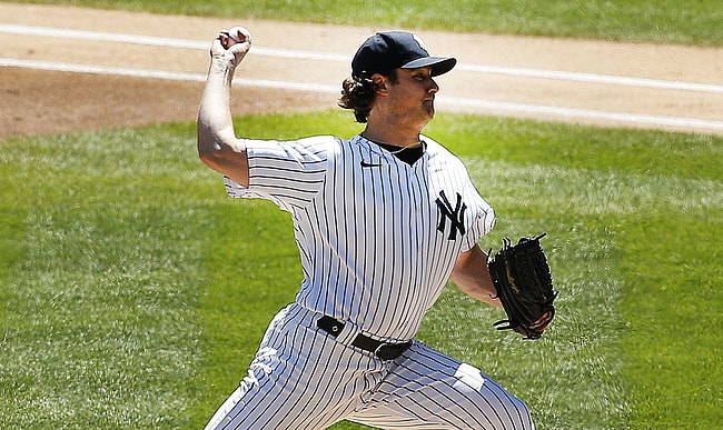 May 6, 2021; Bronx, New York, USA;  New York Yankees starting pitcher Gerrit Cole (45) pitches against the Houston Astros during the first inning at Yankee Stadium. Mandatory Credit: Andy Marlin-USA TODAY Sports