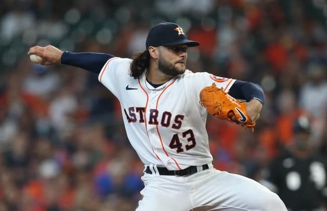 Oct 7, 2021; Houston, Texas, USA; Houston Astros starting pitcher Lance McCullers Jr. (43) throws a pitch against the Chicago White Sox during the first inning in game one of the 2021 ALDS at Minute Maid Park. Mandatory Credit: Thomas Shea-USA TODAY Sports
