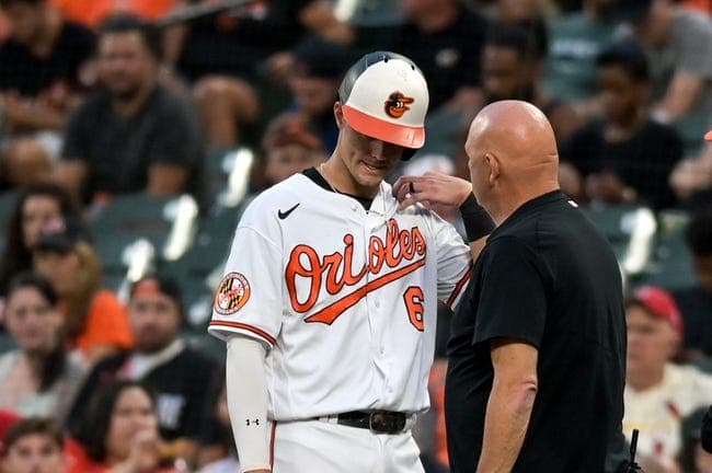 Sep 13, 2023; Baltimore, Maryland, USA; Baltimore Orioles first baseman Ryan Mountcastle (6) reacts as trainer Brian Ebel examines his shoulder during the first inning against the St. Louis Cardinals at Oriole Park at Camden Yards. Mandatory Credit: Tommy Gilligan-USA TODAY Sports