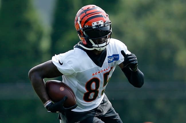 Cincinnati Bengals wide receiver Tee Higgins (85) runs with a catch during training camp practice at the Paul Brown Stadium practice facility in downtown Cincinnati on Thursday, July 29, 2021.
Cincinnati Bengals Training Camp