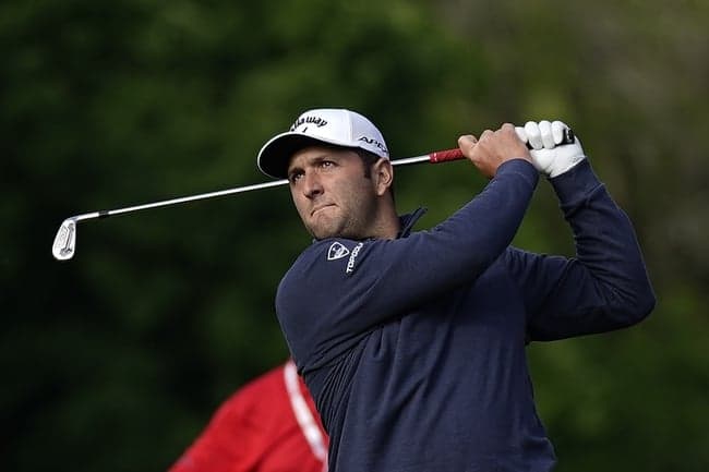 May 6, 2021; Charlotte, North Carolina, USA; John Rahm hits at tee shot on eighth hole during the first round of the Wells Fargo Championship golf tournament. Mandatory Credit: Jim Dedmon-USA TODAY Sports