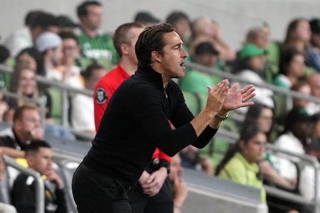 May 10, 2023; Austin, TX, USA; Austin FC head coach Josh Wolff yells out to players during the first half against New Mexico United at Q2 Stadium. Mandatory Credit: Scott Wachter-USA TODAY Sports