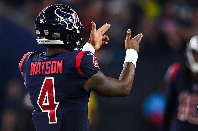 Oct 25, 2018; Houston, TX, USA; Houston Texans quarterback Deshaun Watson (4) reacts after a touchdown pass to wide receiver Will Fuller (not pictured) during the third quarter against the Miami Dolphins at NRG Stadium. Mandatory Credit: Shanna Lockwood-USA TODAY Sports