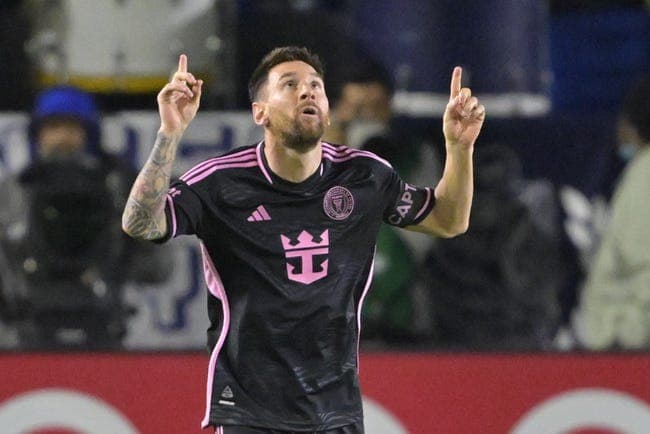 Feb 25, 2024; Carson, California, USA; Inter Miami CF forward Lionel Messi (10) celebrates his goal against LA Galaxy during the second half at Dignity Health Sports Park. Mandatory Credit: Jayne Kamin-Oncea-USA TODAY Sports