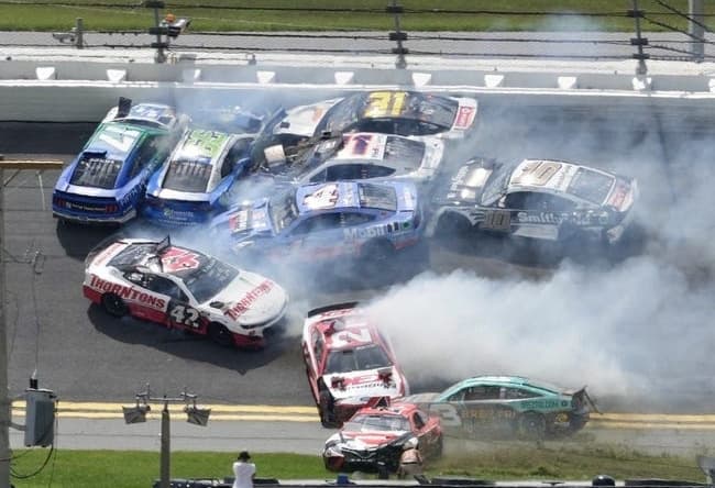 Austin Dillon (No. 3) picks his way through the mess and toward the lead after the major crash in Turns 1 and 2.
Coke 400 Dillon Sneaks