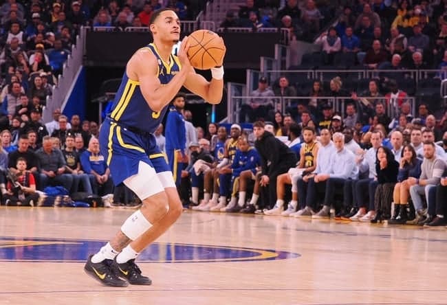 Dec 2, 2022; San Francisco, California, USA; Golden State Warriors shooting guard Jordan Poole (3) scores a three point basket against the Chicago Bulls during the first quarter at Chase Center. Mandatory Credit: Kelley L Cox-USA TODAY Sports