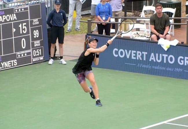 Katie Volynets returns a shot to third-seeded Anastasia Potapova during her three-set victory Wednesday at the Westwood Country Club. Potapova, who's ranked No. 28 in the world, was the tournament's highest remaining seed.

Atx2