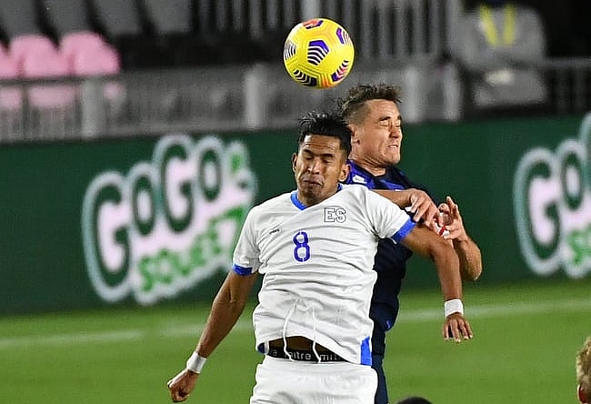 Dec 9, 2020; Fort Lauderdale, Florida, USA; El Salvador midfielder Denis Pineda (8) heads the ball against the United States during the first half at Inter Miami CF Stadium. Mandatory Credit: Jasen Vinlove-USA TODAY Sports