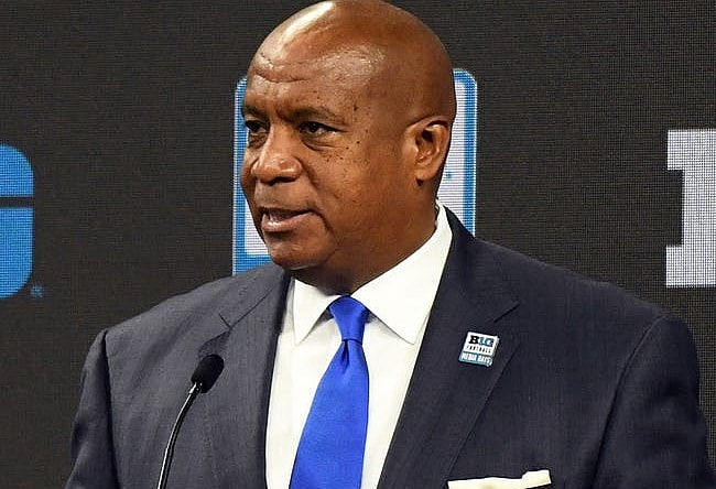 Jul 26, 2022; Indianapolis, IN, USA;  Big Ten commissioner Kevin Warren talks to the media during Big 10 football media days at Lucas Oil Stadium. Mandatory Credit: Robert Goddin-USA TODAY Sports