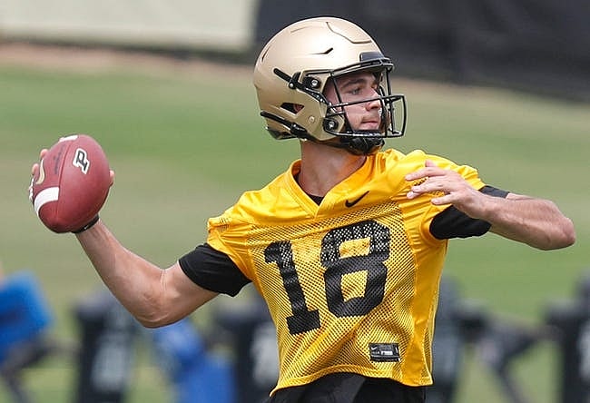 Purdue Boilermakers quarterback Brady Allen (18) throws the ball during a practice, Tuesday, Aug. 2, 2022, at Purdue University in West Lafayette, Ind.

Purduefootball080222 Am9841