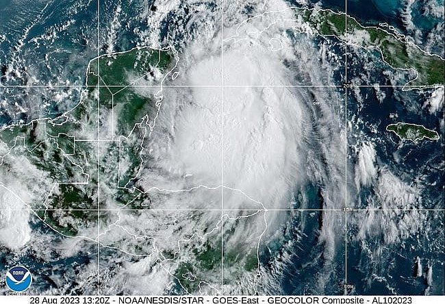 Tropical Storm Idalia, now forecast to become a major hurricane before a landfall along Florida's northern Gulf Coast, moves closer toward the Gulf of Mexico in this image taken by NOAA satellite on the morning of Aug. 28, 2023.