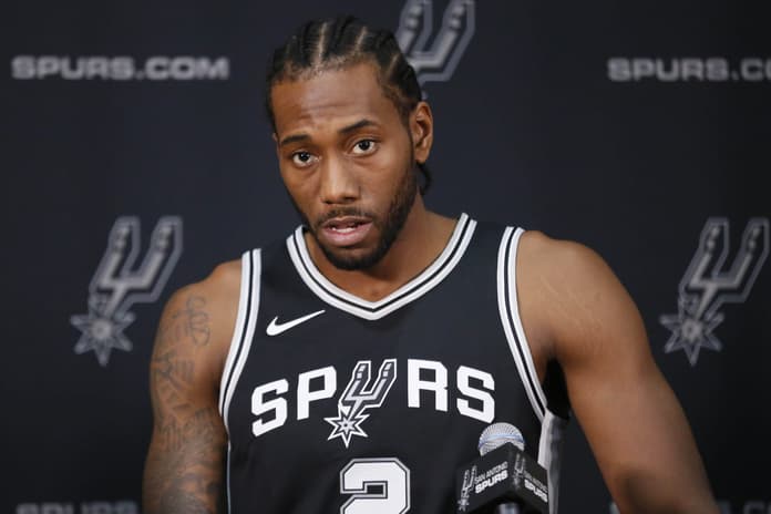 San Antonio Spurs small forward Kawhi Leonard (2) is interviewed during media day at the Spurs training facility.