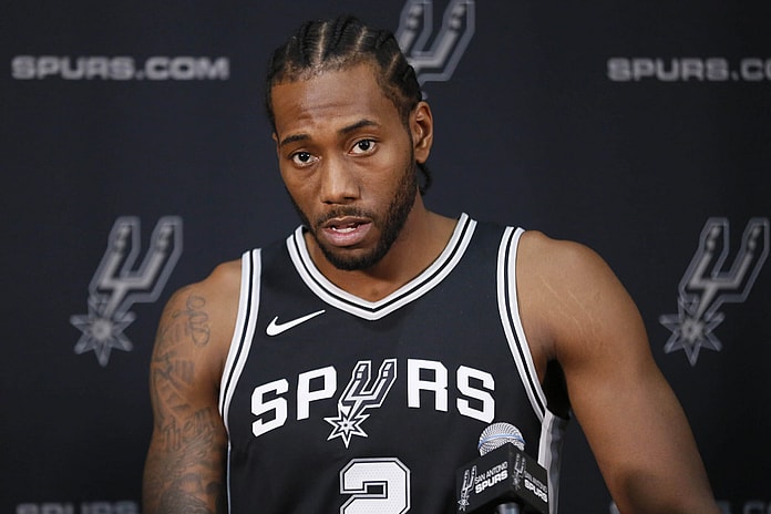 San Antonio Spurs small forward Kawhi Leonard (2) is interviewed during media day at the Spurs training facility.