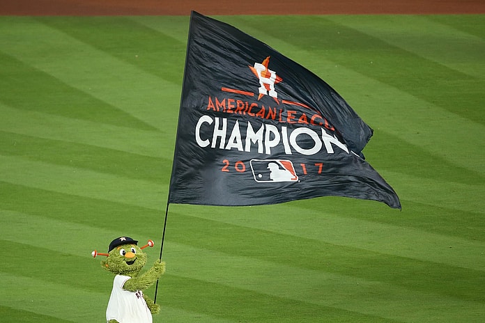 Houston Astros mascot Orbit waives flag after ALCS Game 7