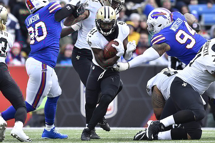 Saints running back Alvin Kamara against the Buffalo Bills in NFL Week 10